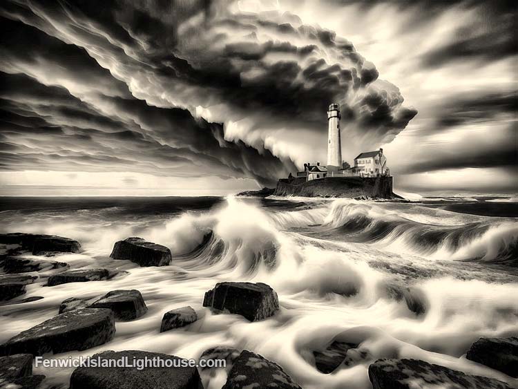 Fenwick Island Lighthouse on the Rocks Monochrome